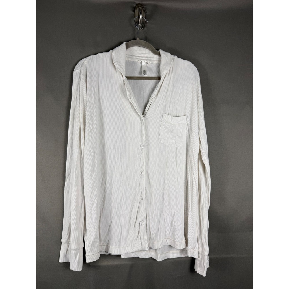 Skims Sleep Top Women M Bone White Ribbed Long Sleeve Button Front Modal Spandex